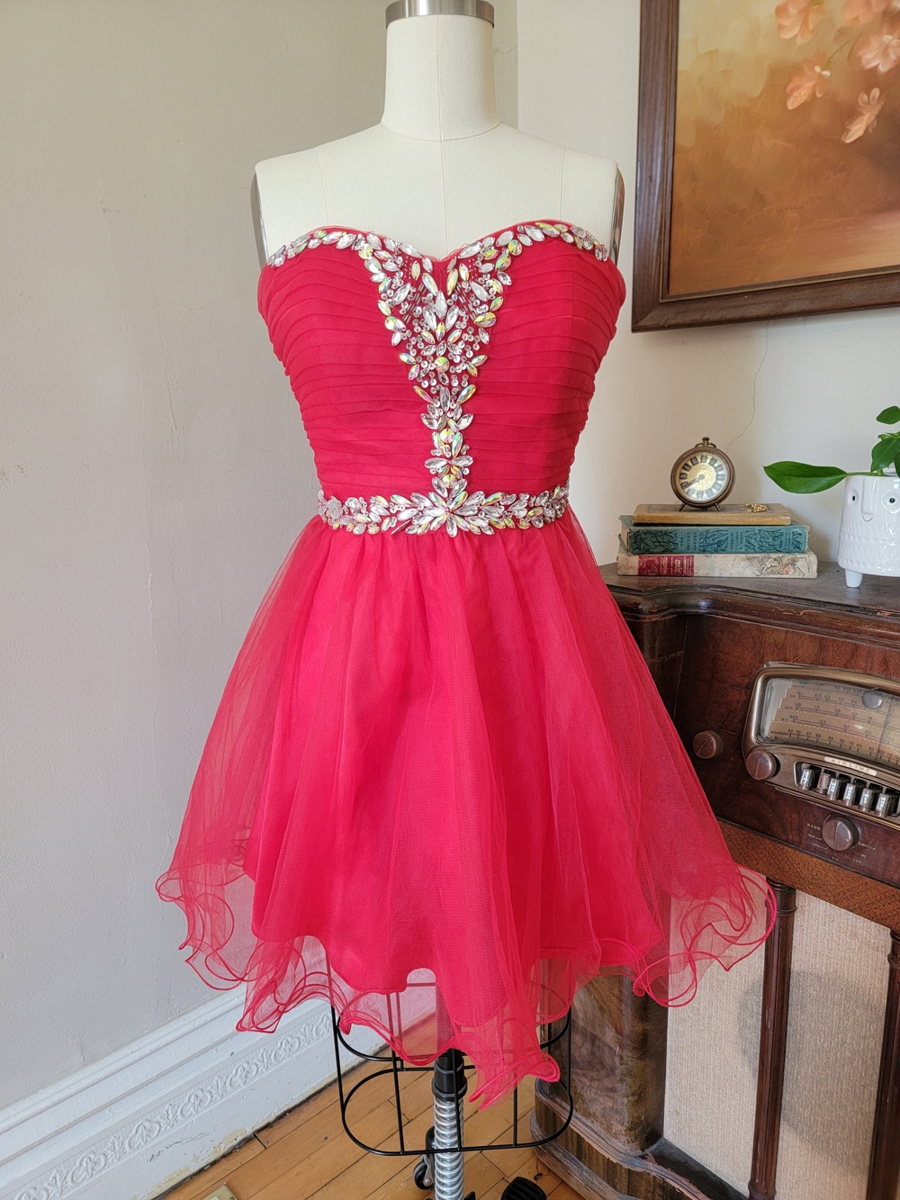 Deb Red Tulle Cupcake Dress Beaded Party Prom 90s Y2k Large